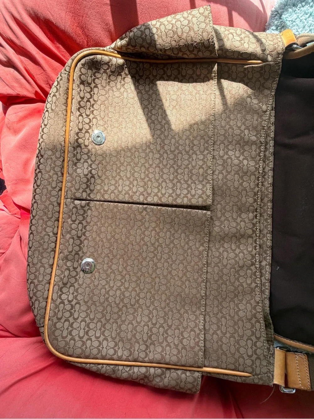 Coach Brown Signature Canvas Messenger with Tan Leather Stripe